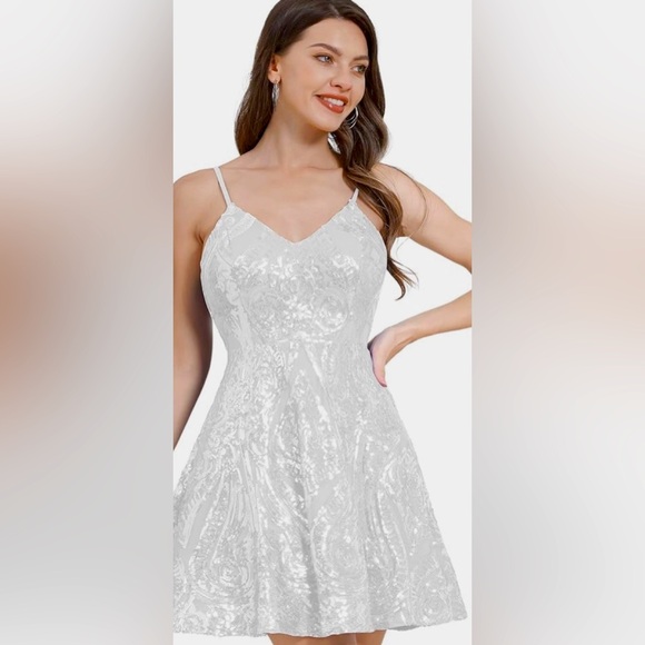 ODIZLI Spaghetti Straps Sparkly Sequins A Line Mini Dress Above Knee Length - Picture 2 of 16